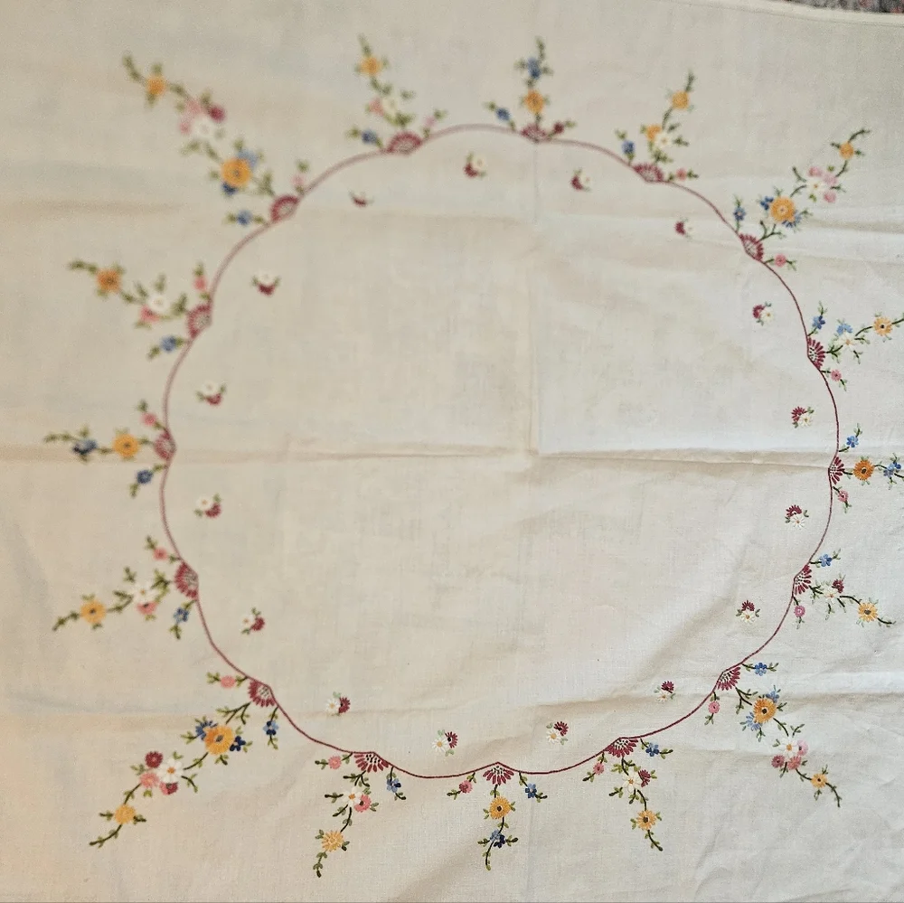 NWT Vintage Irish Linen Hand-Embroidered Floral Tablecloth